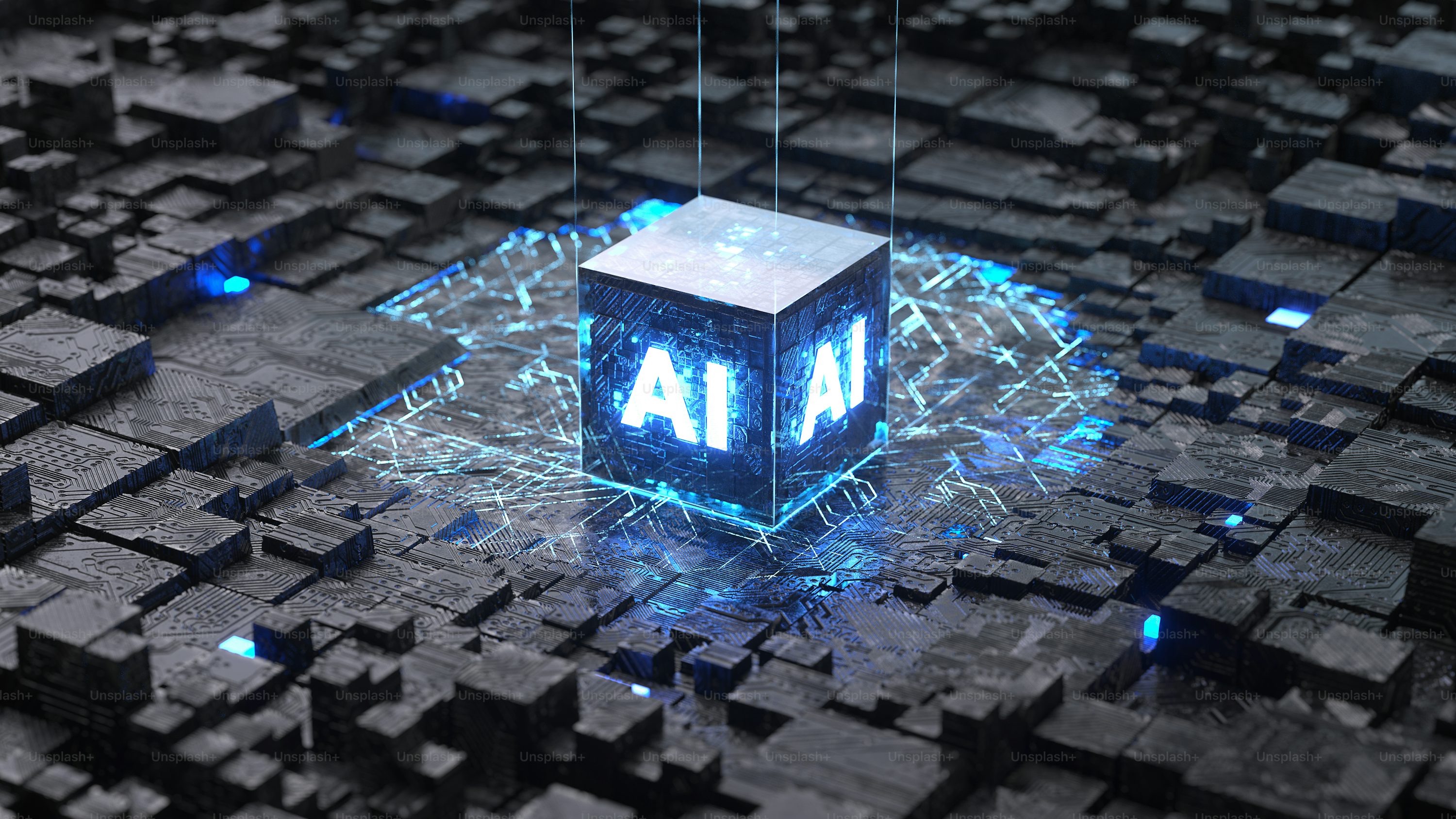 AI technology cube with glowing neural networks